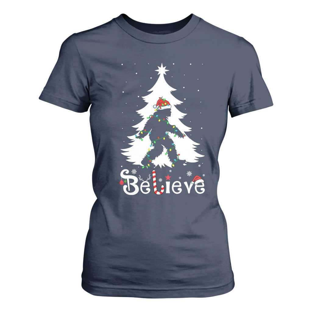 Bigfoot Christmas T Shirt For Women Santa Bigfoot Xmas Tree Funny Sasquatch Yeti TS10 Navy Print Your Wear