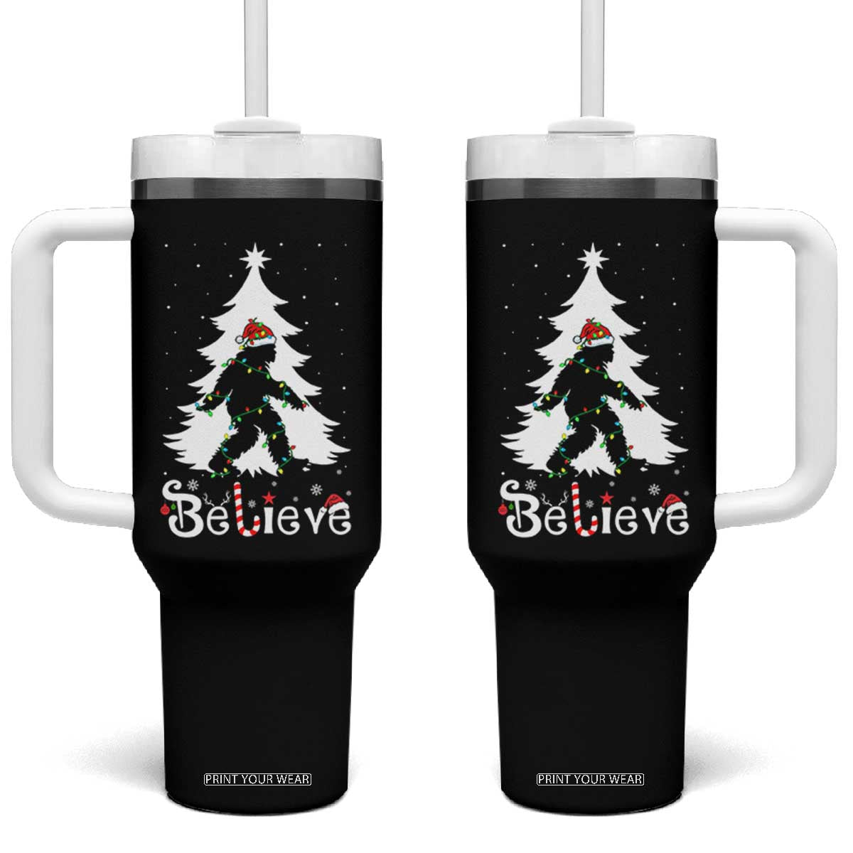 Bigfoot Christmas Tumbler With Handle Santa Bigfoot Xmas Tree Funny Sasquatch Yeti TS10 One Size: 40 oz Black Print Your Wear