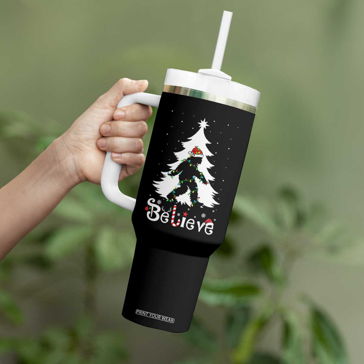 Bigfoot Christmas Tumbler With Handle Santa Bigfoot Xmas Tree Funny Sasquatch Yeti TS10 Print Your Wear