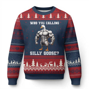 Who You Calling Silly Goose Funny Gym Meme Ugly Christmas Sweater TS10 Navy Red Print Your Wear