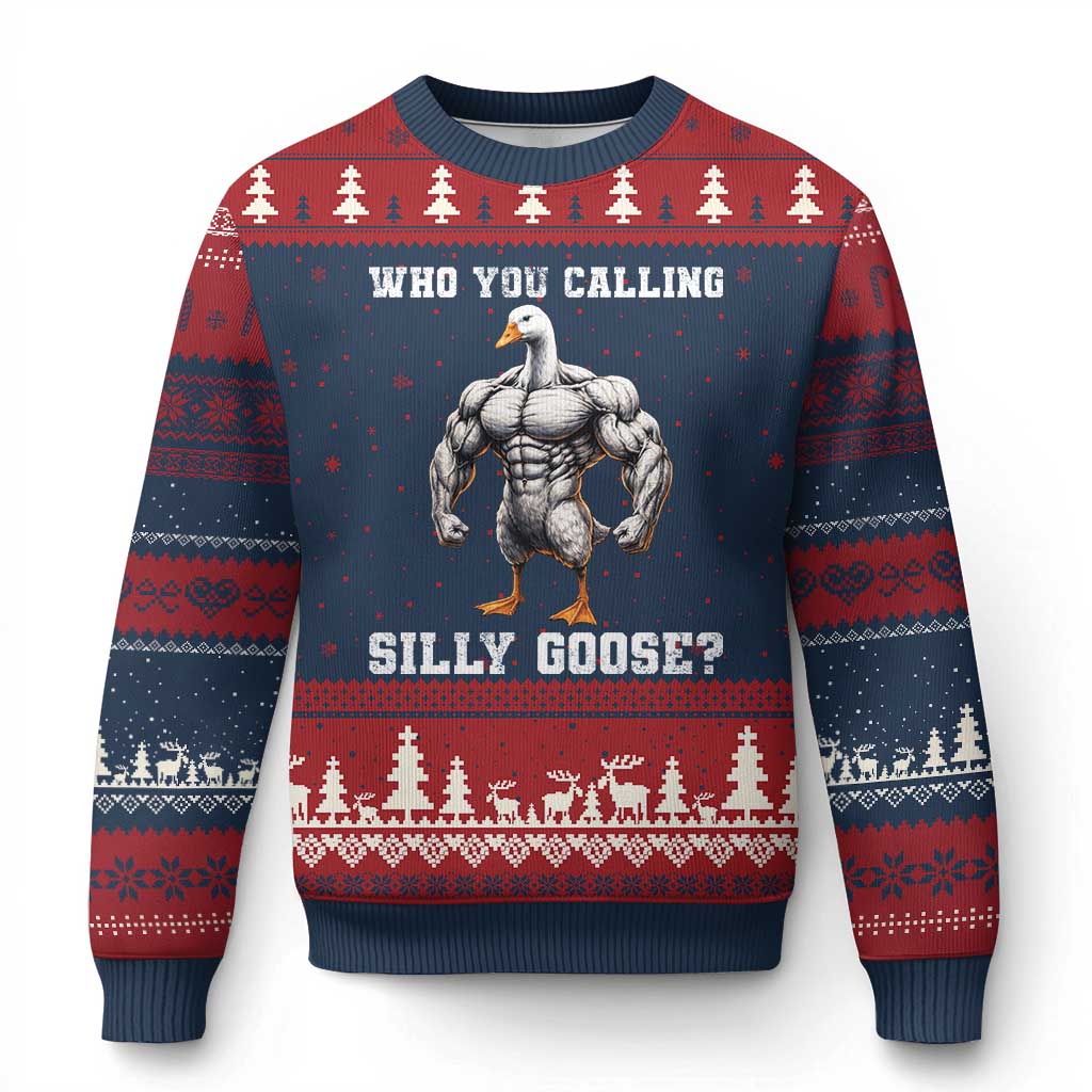 Who You Calling Silly Goose Funny Gym Meme Ugly Christmas Sweater TS10 Navy Red Print Your Wear