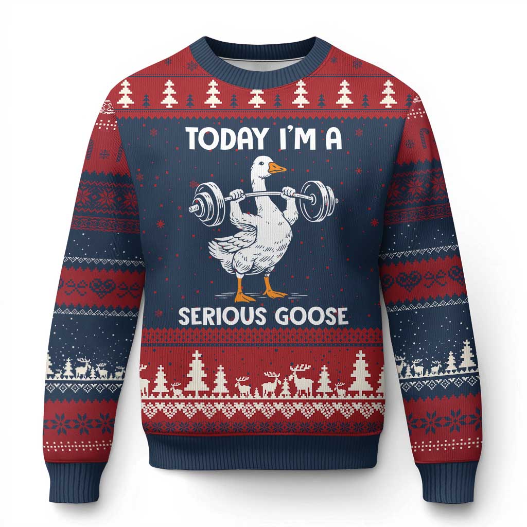Funny Goose Weight Lifting Ugly Christmas Sweater Today Im A Serious Goose Weightlifter Gym Workout TS10 Navy Red Print Your Wear