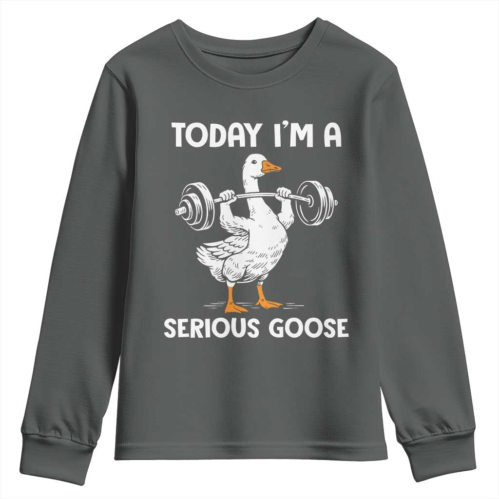 Funny Goose Weight Lifting Youth Sweatshirt Today Im A Serious Goose Weightlifter Gym Workout TS10 Dark Heather Print Your Wear