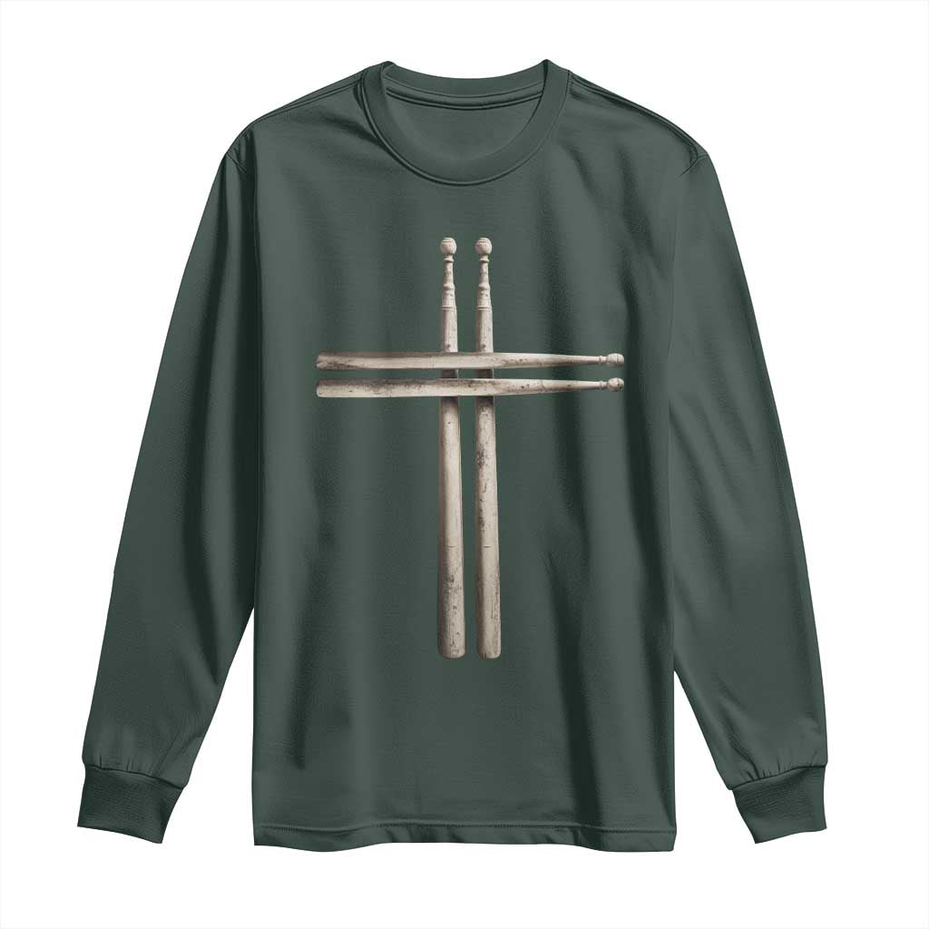 Christian Drummer Long Sleeve Shirt Drumstick Cross Rock Music Lover Gift TS10 Dark Forest Green Print Your Wear