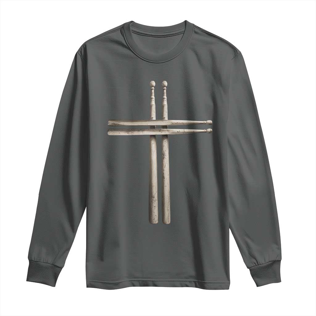 Christian Drummer Long Sleeve Shirt Drumstick Cross Rock Music Lover Gift TS10 Dark Heather Print Your Wear