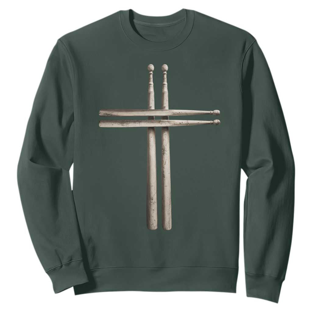 Christian Drummer Sweatshirt Drumstick Cross Rock Music Lover Gift TS10 Dark Forest Green Print Your Wear
