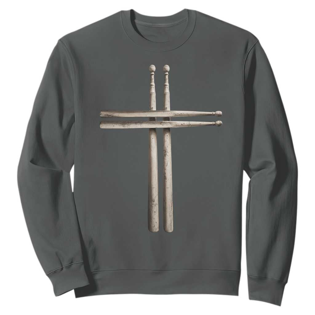 Christian Drummer Sweatshirt Drumstick Cross Rock Music Lover Gift TS10 Dark Heather Print Your Wear