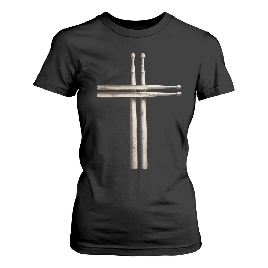 Christian Drummer T Shirt For Women Drumstick Cross Rock Music Lover Gift TS10 Black Print Your Wear