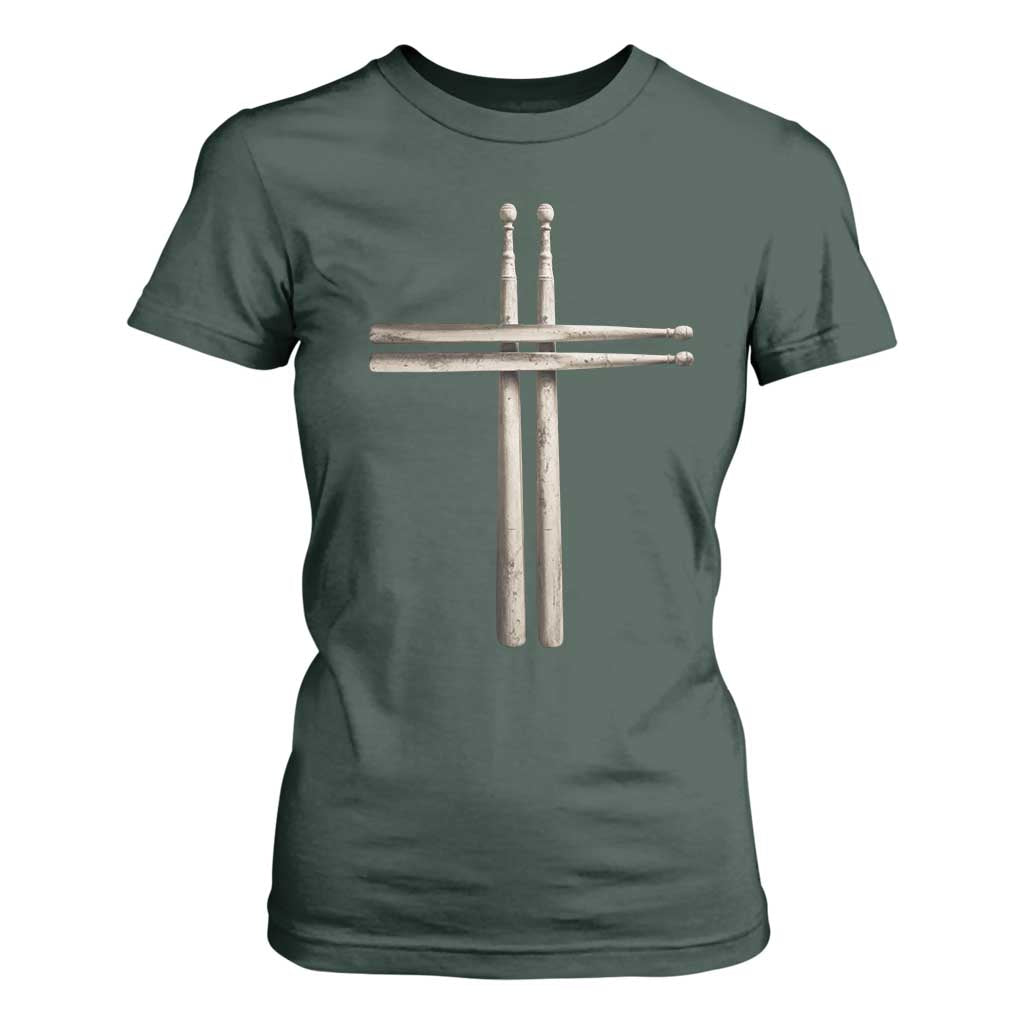 Christian Drummer T Shirt For Women Drumstick Cross Rock Music Lover Gift TS10 Dark Forest Green Print Your Wear