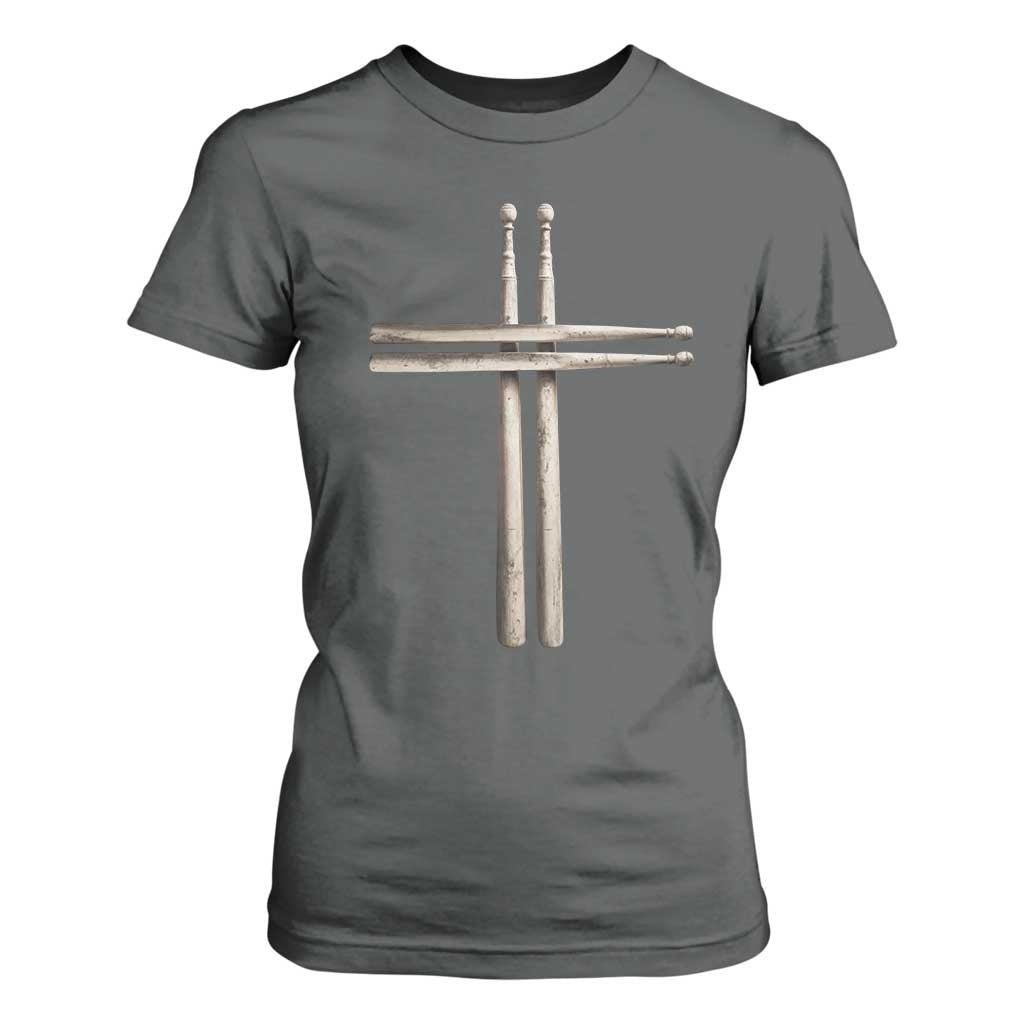 Christian Drummer T Shirt For Women Drumstick Cross Rock Music Lover Gift TS10 Dark Heather Print Your Wear