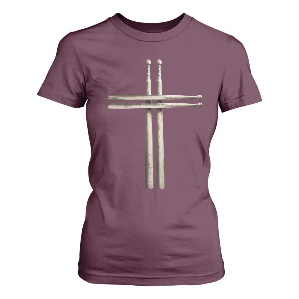 Christian Drummer T Shirt For Women Drumstick Cross Rock Music Lover Gift TS10 Maroon Print Your Wear