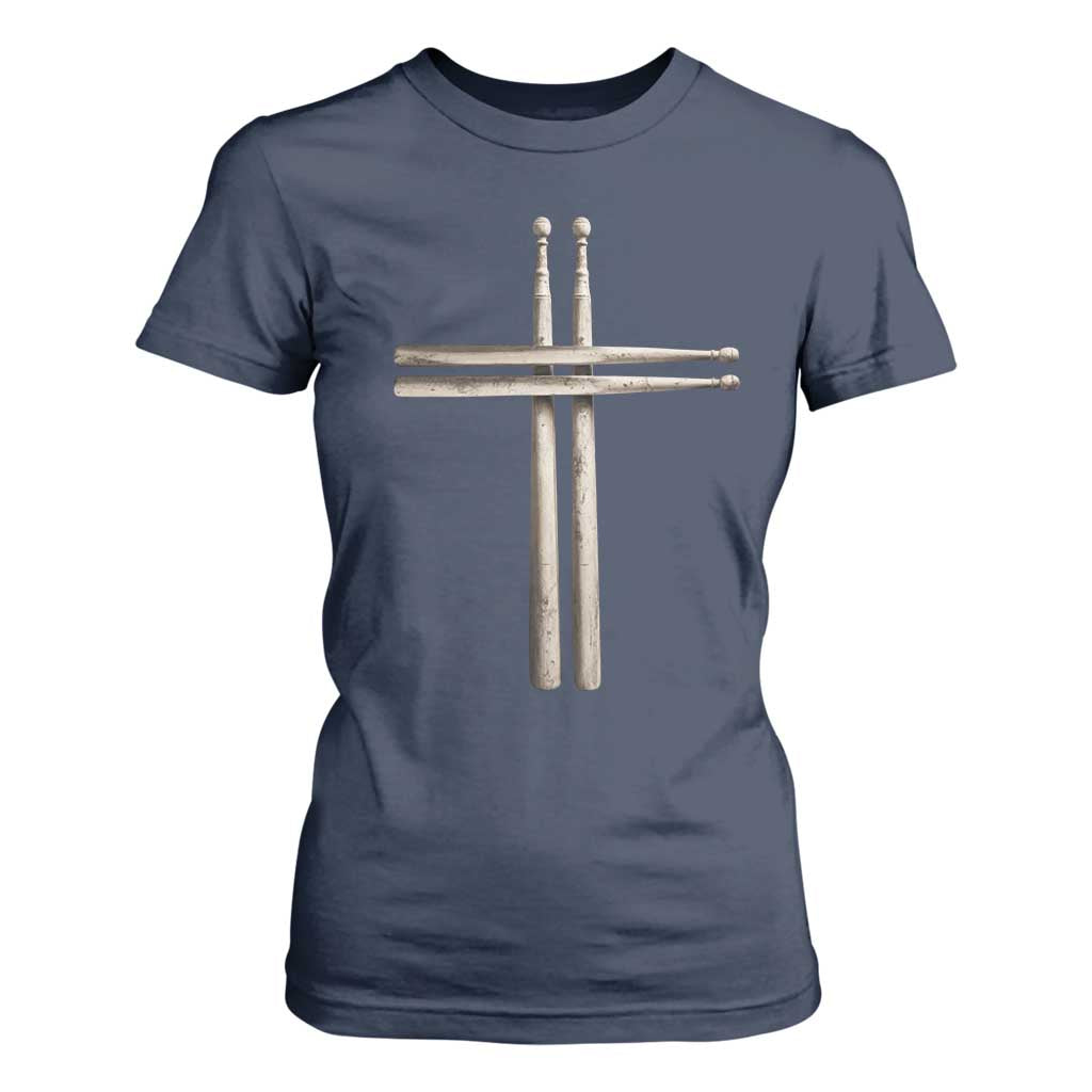 Christian Drummer T Shirt For Women Drumstick Cross Rock Music Lover Gift TS10 Navy Print Your Wear