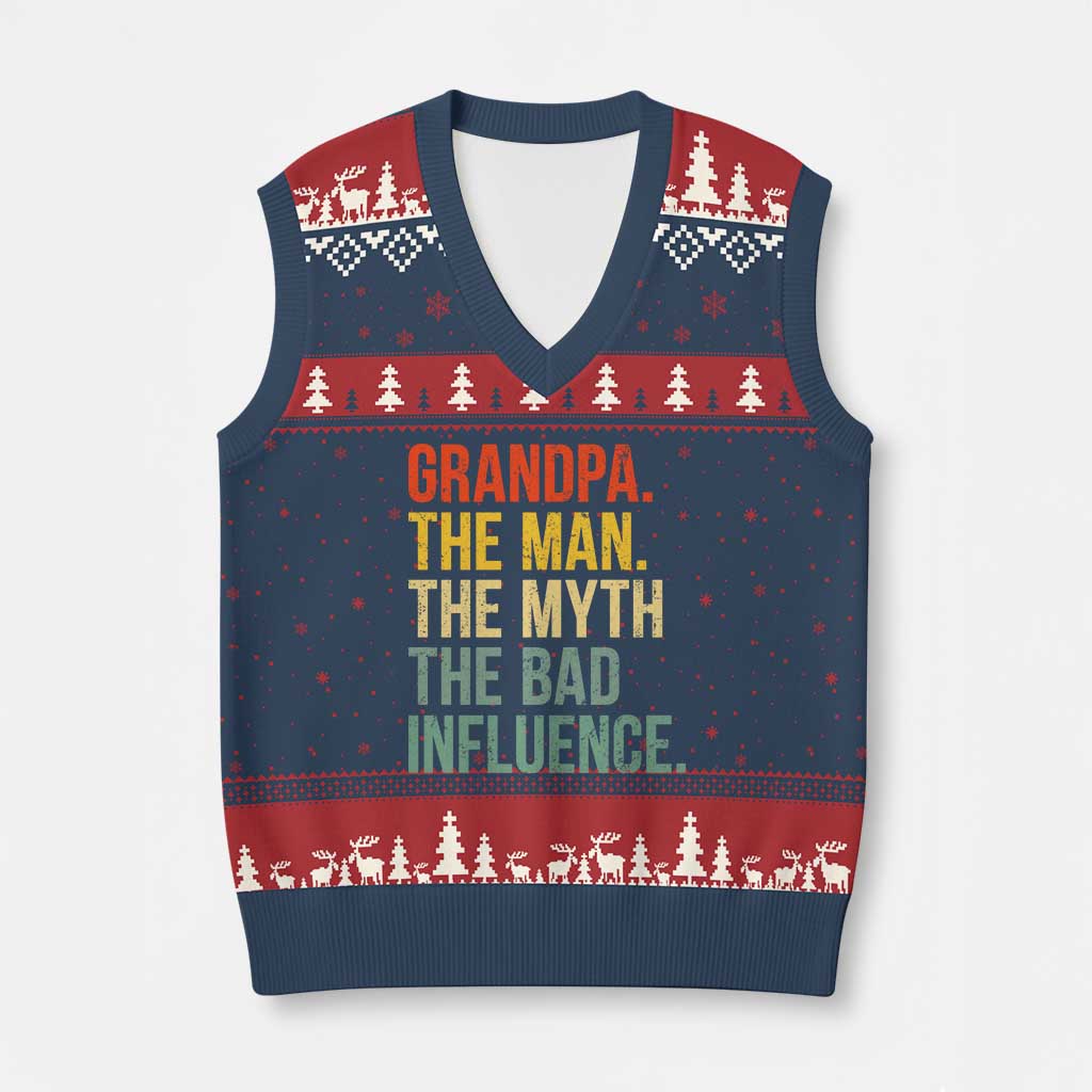 Funny Grandpa V-Neck Knit Sweater Vest Retro Man Myth Bad Influence Best Funny Fathers Day TS10 Navy Red Print Your Wear