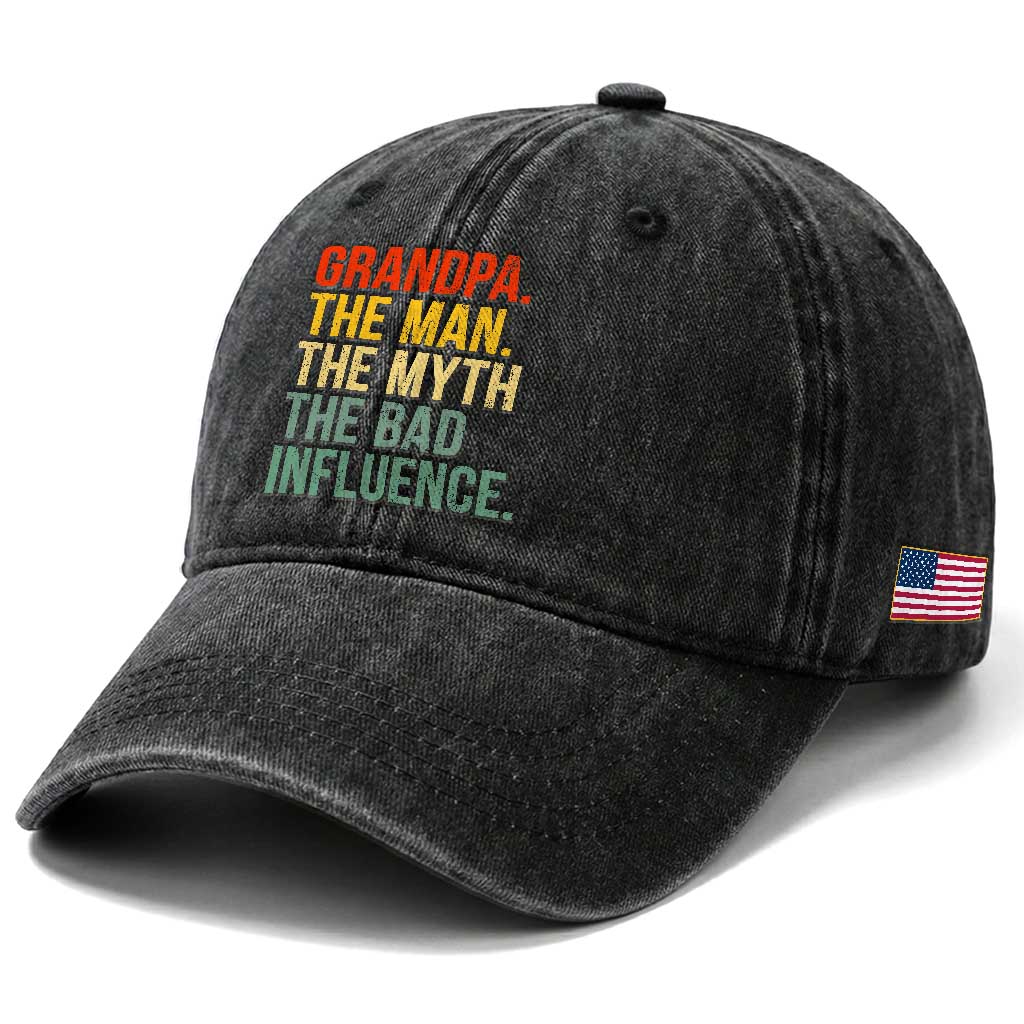 Funny Grandpa Washed Cotton Baseball Cap Retro Man Myth Bad Influence Best Funny Fathers Day TS10 Print Your Wear