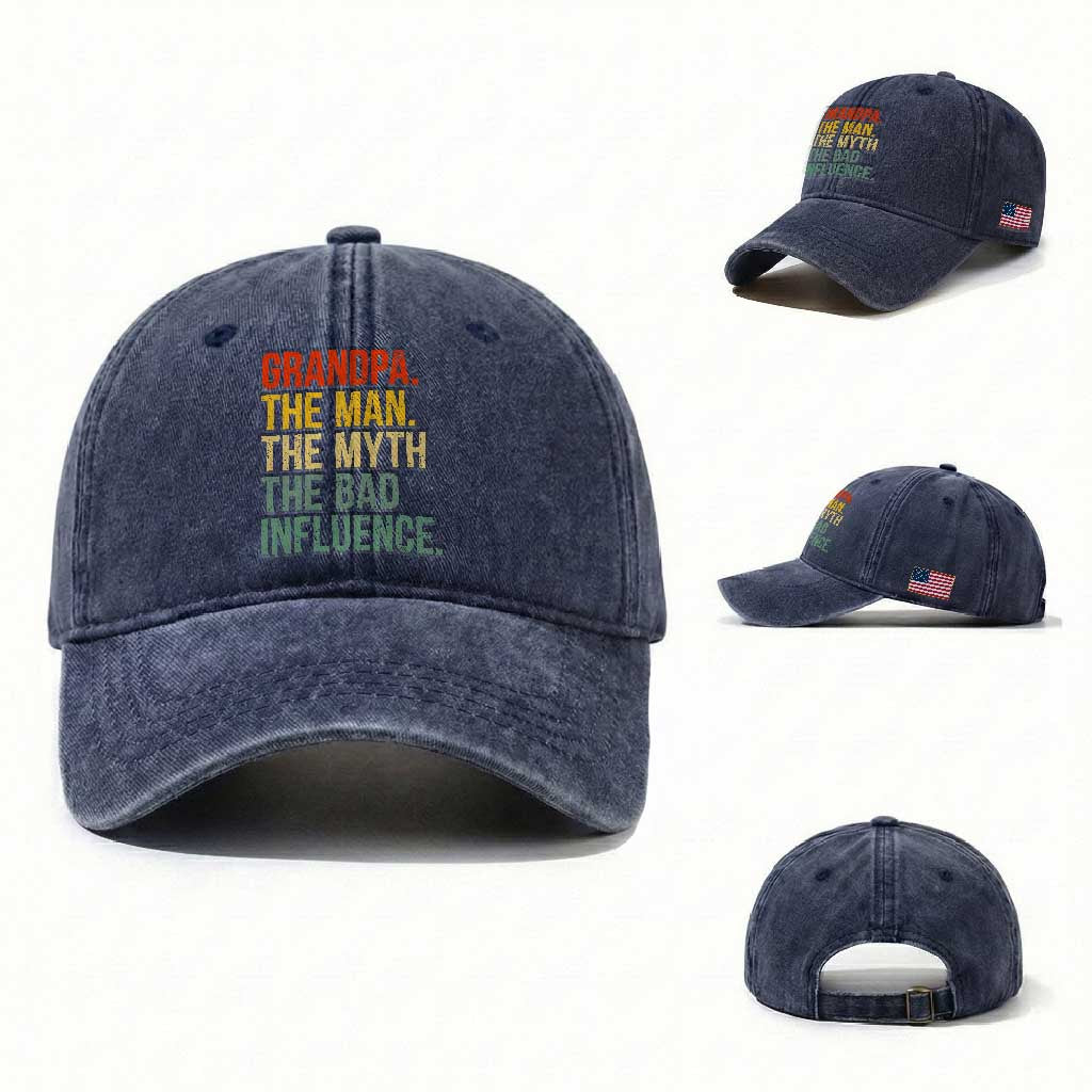 Funny Grandpa Washed Cotton Baseball Cap Retro Man Myth Bad Influence Best Funny Fathers Day TS10 Washed Cap Universal Fit Navy Print Your Wear
