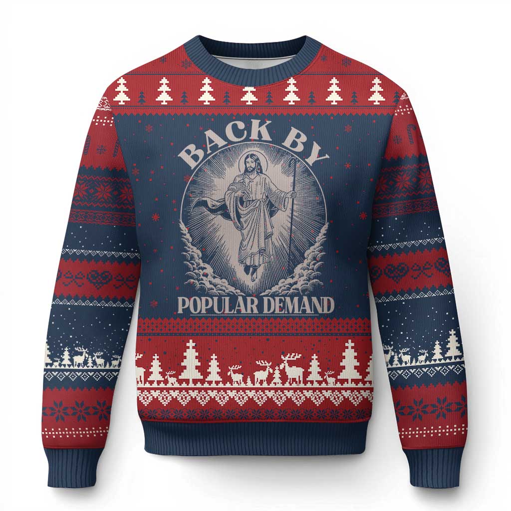 Funny Jesus Back Ugly Christmas Sweater Retro Funny Sayings Easter Back By Popular Demand TS10 Navy Red Print Your Wear