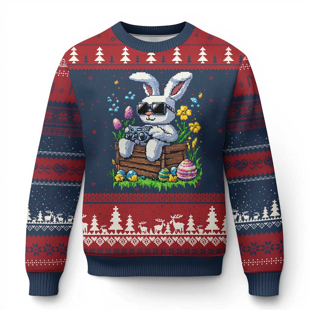 Gamer Rabbit Ugly Christmas Sweater Cute Bunny Gaming Eggs Video Games Easter Pixel Garden TS10 Navy Red Print Your Wear