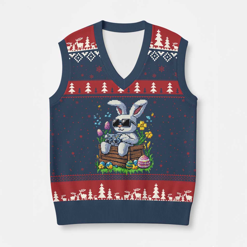 Gamer Rabbit V-Neck Knit Sweater Vest Cute Bunny Gaming Eggs Video Games Easter Pixel Garden TS10 Navy Red Print Your Wear