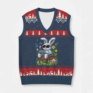 Gamer Rabbit V-Neck Knit Sweater Vest Cute Bunny Gaming Eggs Video Games Easter Pixel Garden TS10 Navy Red Print Your Wear