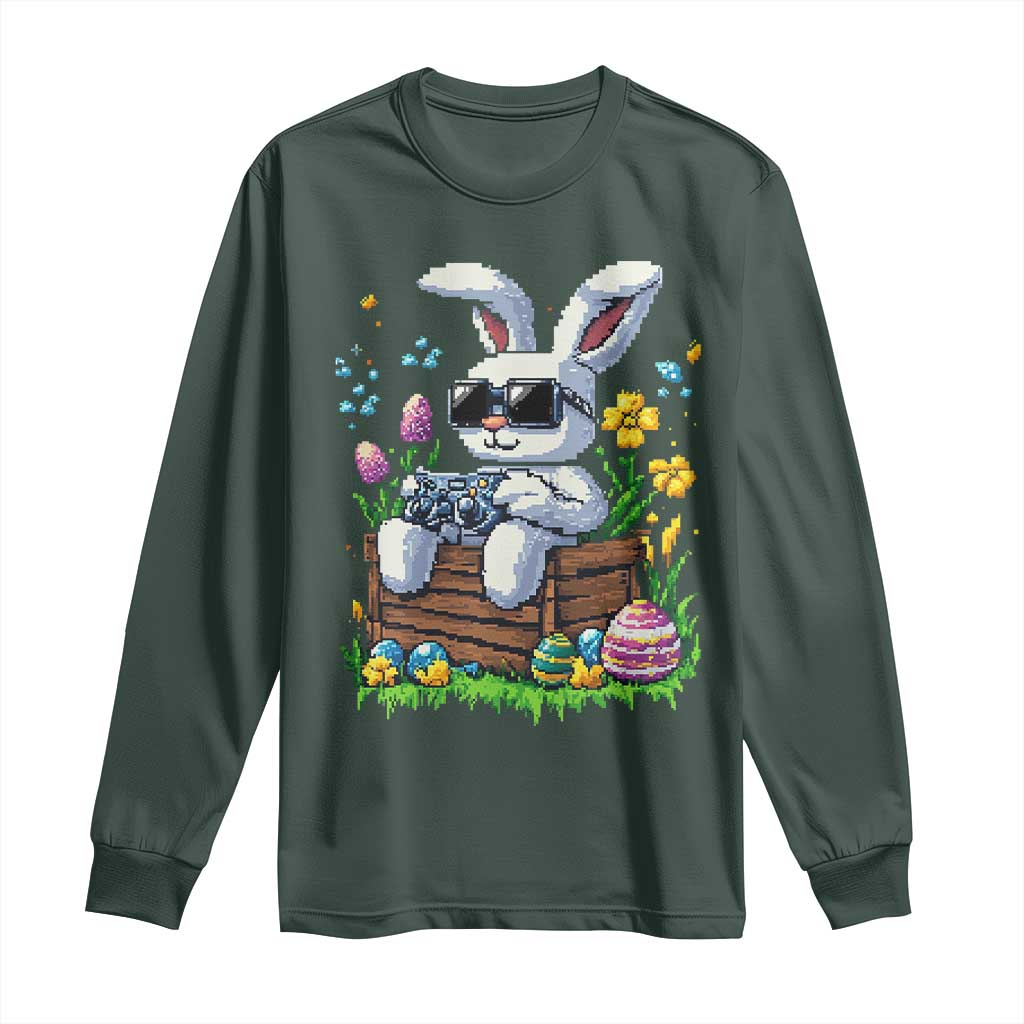 Gamer Rabbit Long Sleeve Shirt Cute Bunny Gaming Eggs Video Games Easter Pixel Garden TS10 Dark Forest Green Print Your Wear