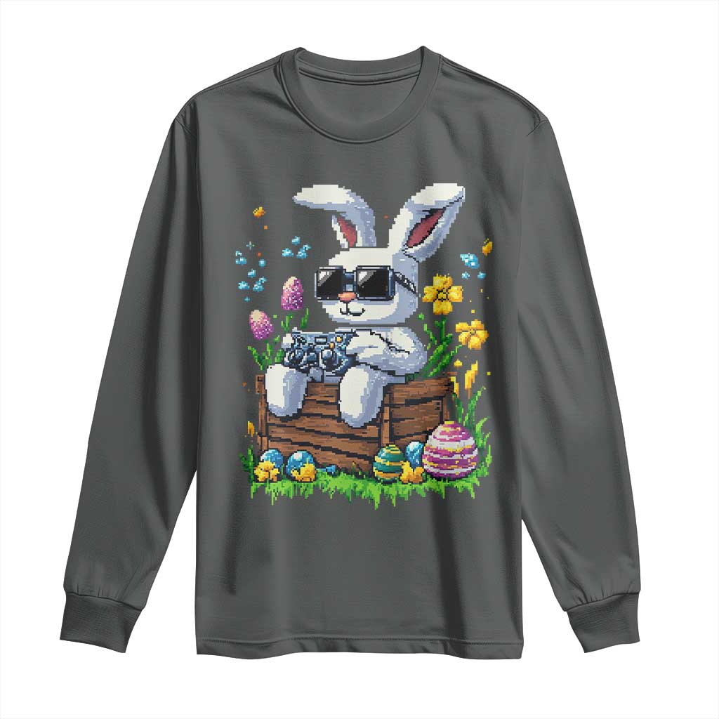 Gamer Rabbit Long Sleeve Shirt Cute Bunny Gaming Eggs Video Games Easter Pixel Garden TS10 Dark Heather Print Your Wear