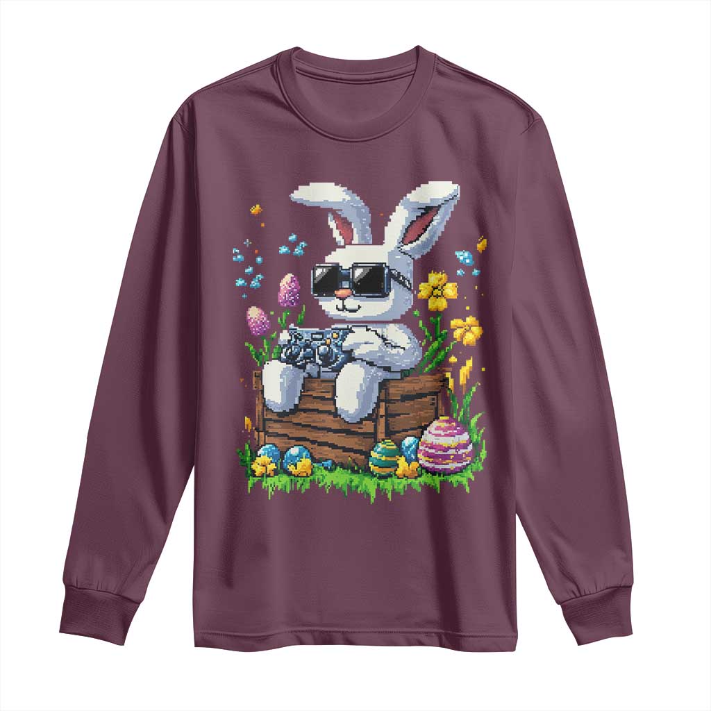 Gamer Rabbit Long Sleeve Shirt Cute Bunny Gaming Eggs Video Games Easter Pixel Garden TS10 Maroon Print Your Wear
