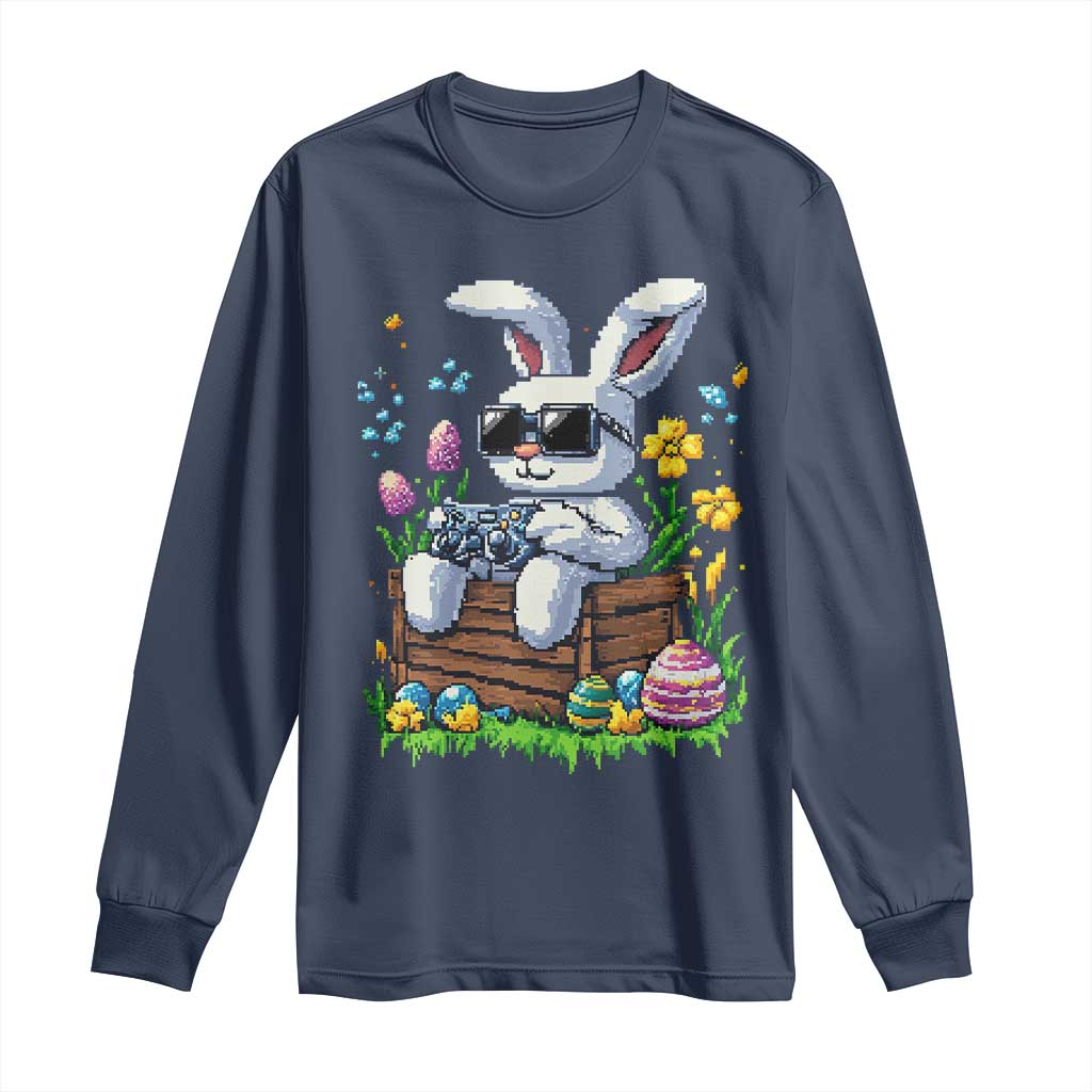 Gamer Rabbit Long Sleeve Shirt Cute Bunny Gaming Eggs Video Games Easter Pixel Garden TS10 Navy Print Your Wear