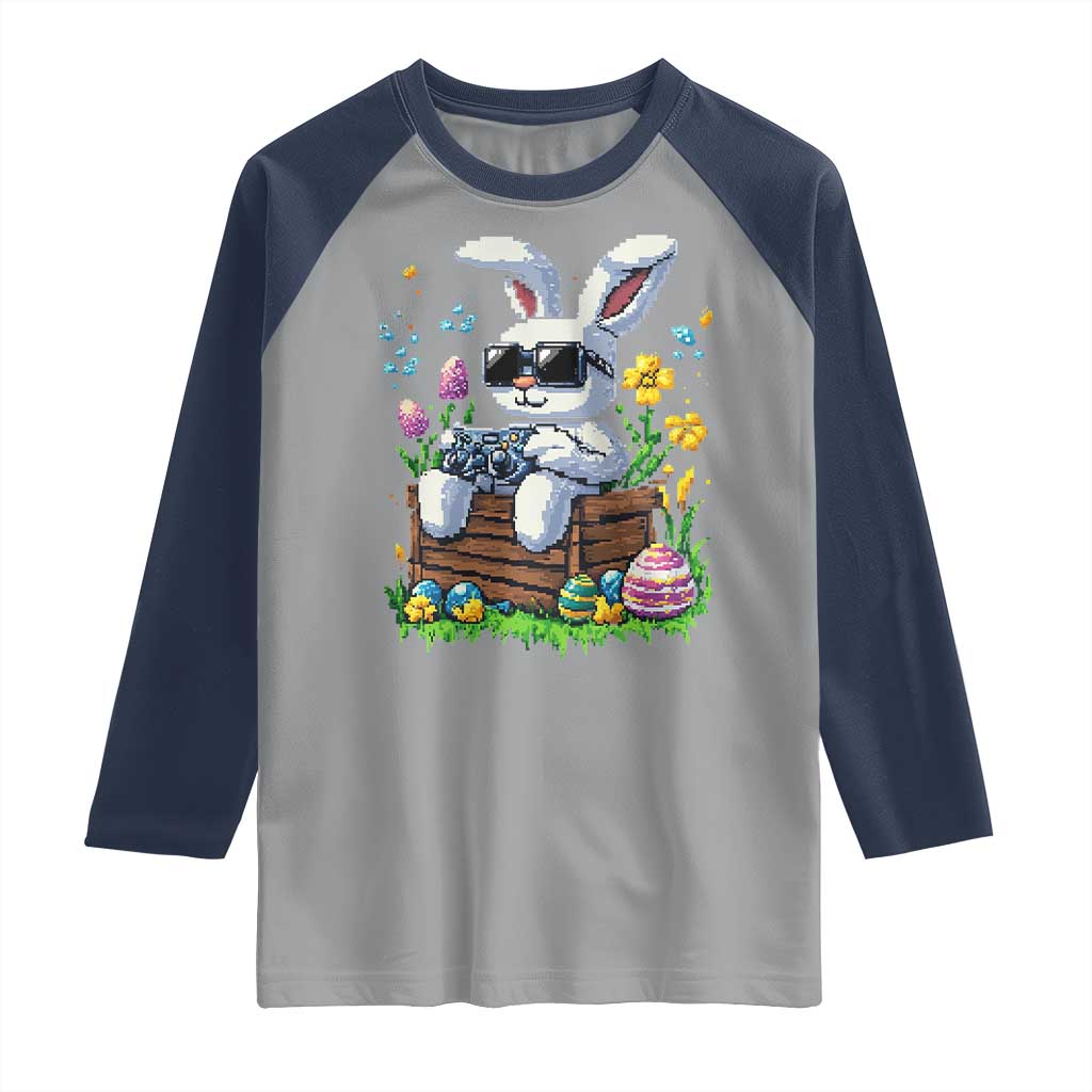 Gamer Rabbit Raglan Shirt Cute Bunny Gaming Eggs Video Games Easter Pixel Garden TS10 Sport Gray Navy Print Your Wear