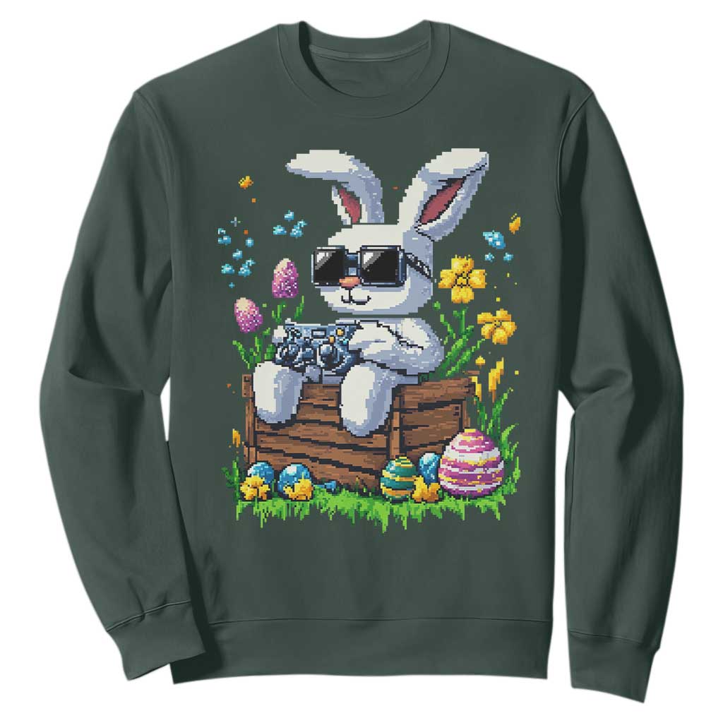 Gamer Rabbit Sweatshirt Cute Bunny Gaming Eggs Video Games Easter Pixel Garden TS10 Dark Forest Green Print Your Wear