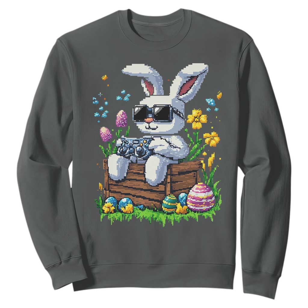 Gamer Rabbit Sweatshirt Cute Bunny Gaming Eggs Video Games Easter Pixel Garden TS10 Dark Heather Print Your Wear