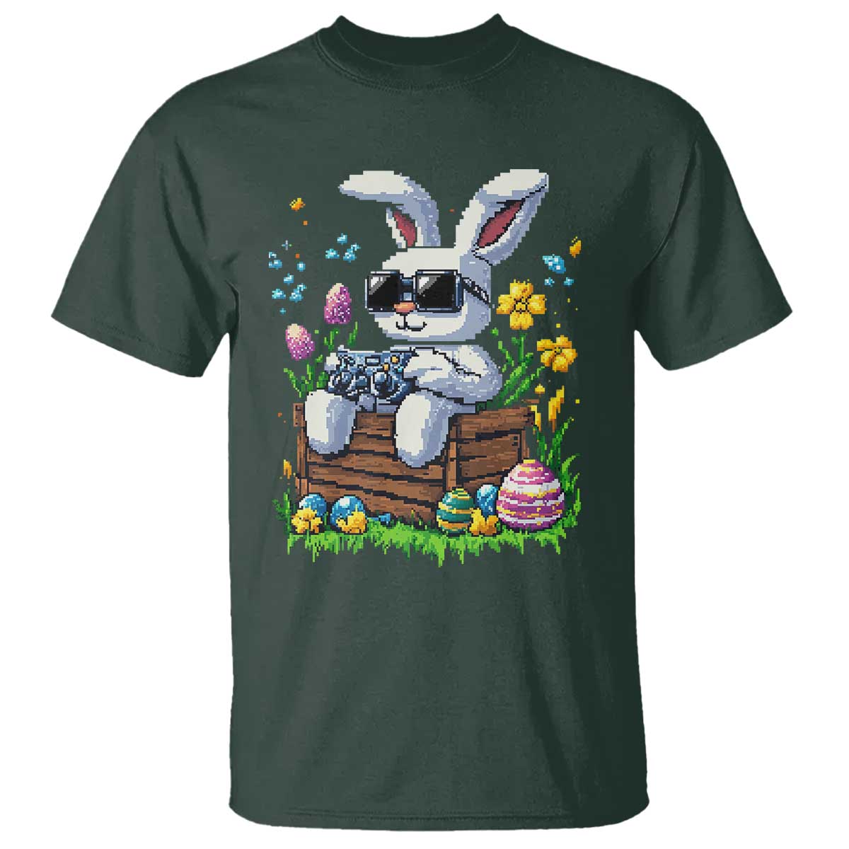 Gamer Rabbit T Shirt Cute Bunny Gaming Eggs Video Games Easter Pixel Garden TS10 Dark Forest Green Print Your Wear