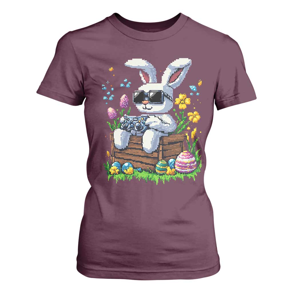 Gamer Rabbit T Shirt For Women Cute Bunny Gaming Eggs Video Games Easter Pixel Garden TS10 Maroon Print Your Wear