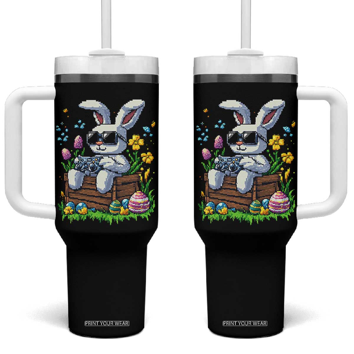 Gamer Rabbit Tumbler With Handle Cute Bunny Gaming Eggs Video Games Easter Pixel Garden TS10 One Size: 40 oz Black Print Your Wear