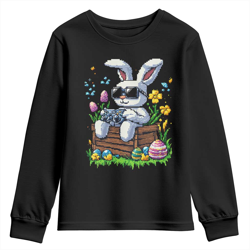 Gamer Rabbit Youth Sweatshirt Cute Bunny Gaming Eggs Video Games Easter Pixel Garden TS10 Black Print Your Wear