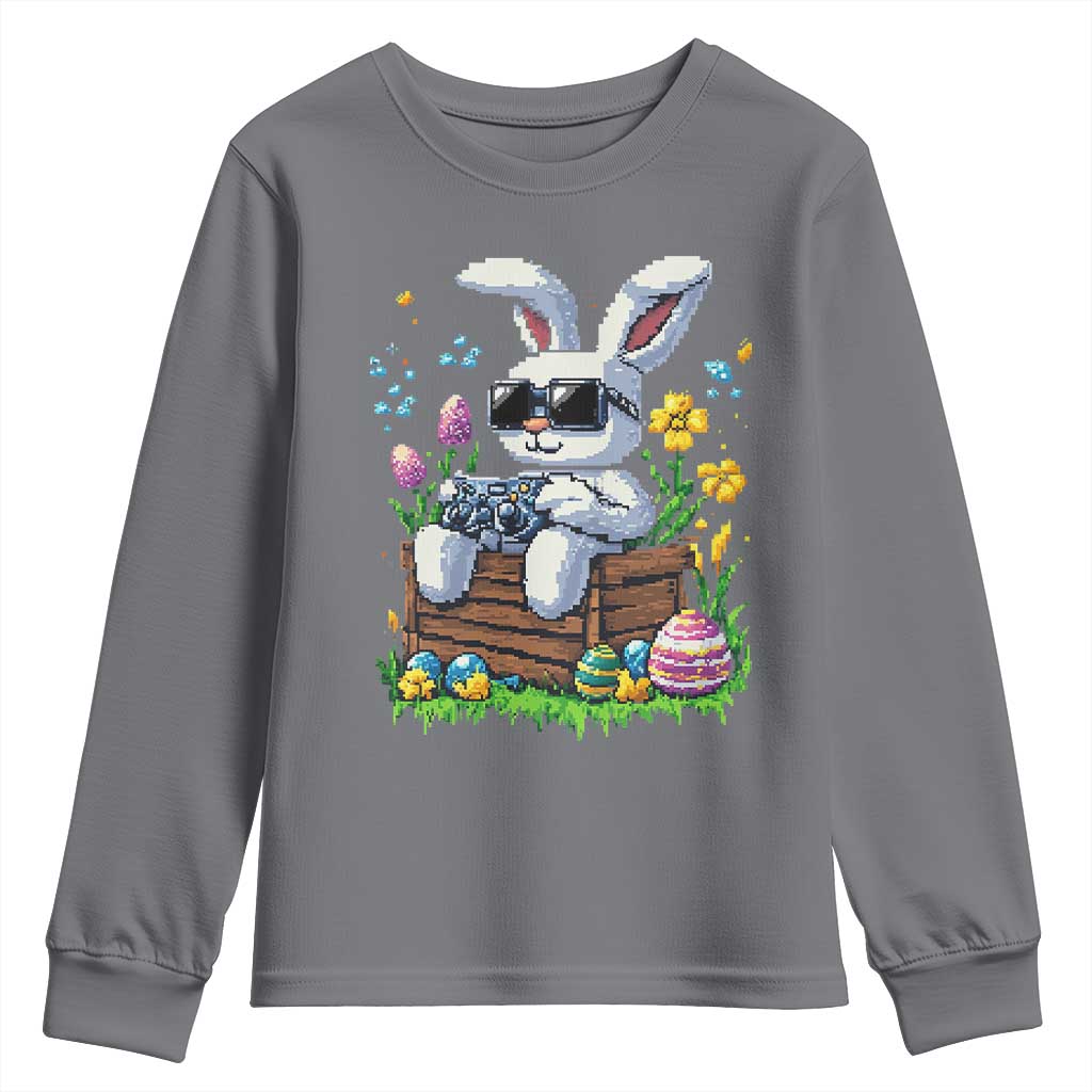 Gamer Rabbit Youth Sweatshirt Cute Bunny Gaming Eggs Video Games Easter Pixel Garden TS10 Charcoal Print Your Wear
