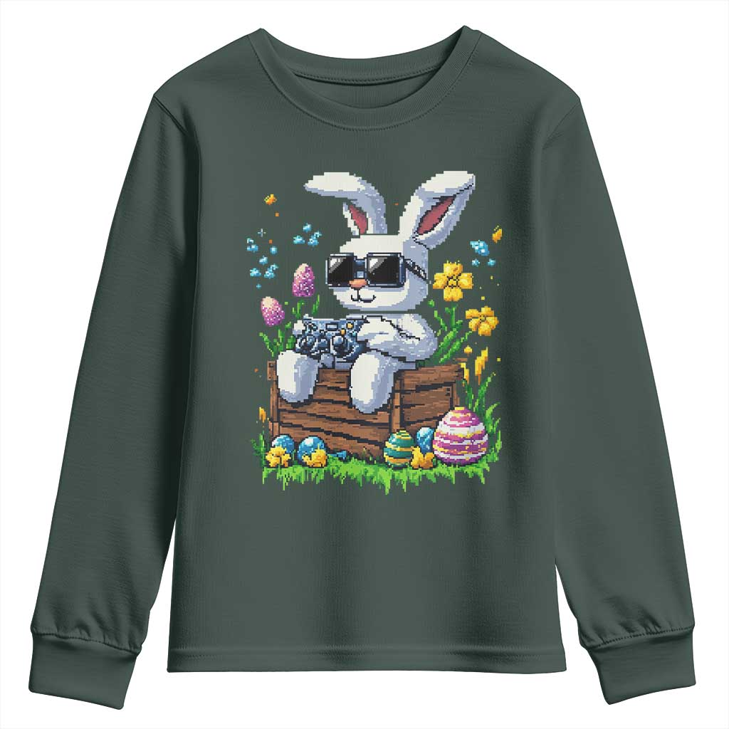 Gamer Rabbit Youth Sweatshirt Cute Bunny Gaming Eggs Video Games Easter Pixel Garden TS10 Dark Forest Green Print Your Wear