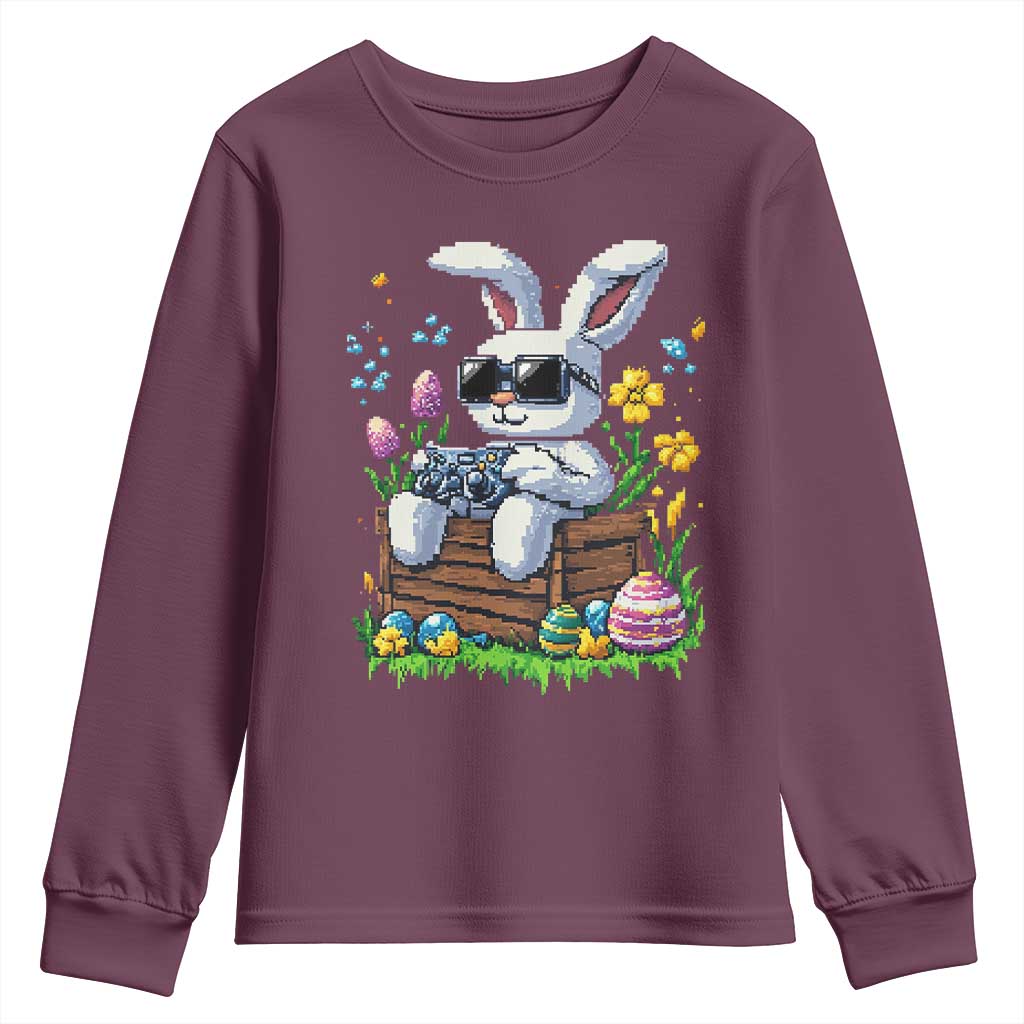 Gamer Rabbit Youth Sweatshirt Cute Bunny Gaming Eggs Video Games Easter Pixel Garden TS10 Maroon Print Your Wear