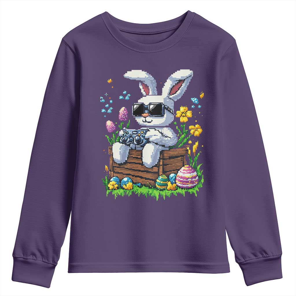 Gamer Rabbit Youth Sweatshirt Cute Bunny Gaming Eggs Video Games Easter Pixel Garden TS10 Purple Print Your Wear