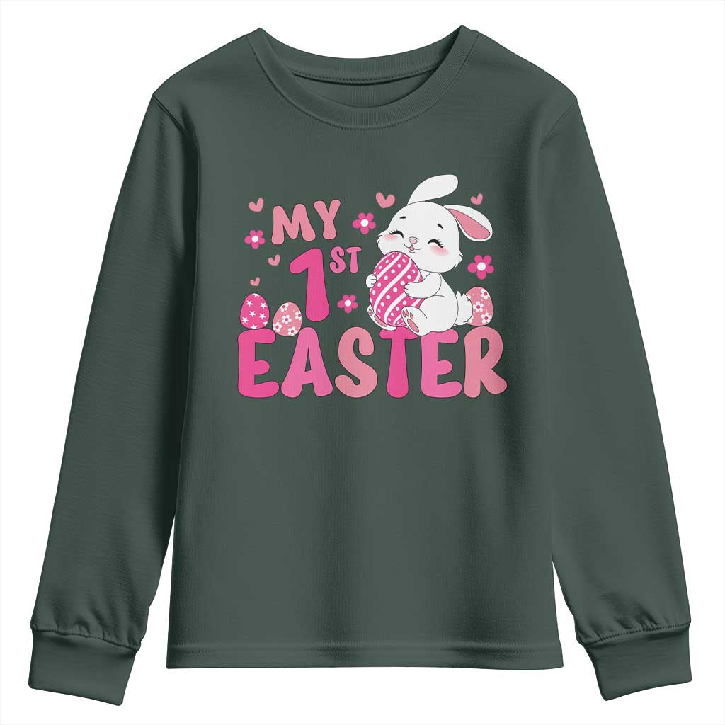 Baby First Easter Youth Sweatshirt Cute Newborn Gift Bunny Rabbit TS10 Dark Forest Green Print Your Wear