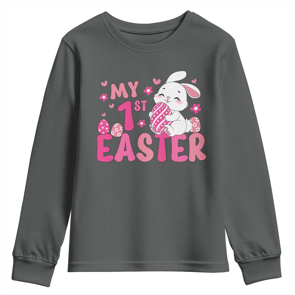 Baby First Easter Youth Sweatshirt Cute Newborn Gift Bunny Rabbit TS10 Dark Heather Print Your Wear