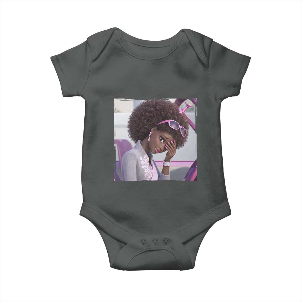 Disgusted Black Doll Meme Baby Onesie Funny Sassy Reaction Afro Girl With Attitude TS10 Dark Heather Print Your Wear