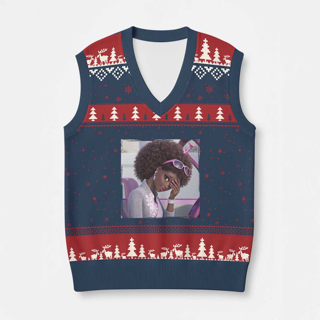 Disgusted Black Doll Meme V-Neck Knit Sweater Vest Funny Sassy Reaction Afro Girl With Attitude TS10 Navy Red Print Your Wear