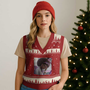 Disgusted Black Doll Meme V-Neck Knit Sweater Vest Funny Sassy Reaction Afro Girl With Attitude TS10 Red Beige Print Your Wear