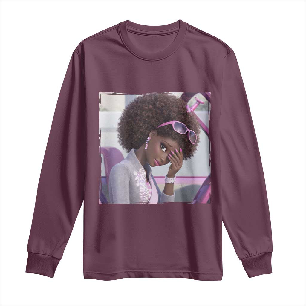 Disgusted Black Doll Meme Long Sleeve Shirt Funny Sassy Reaction Afro Girl With Attitude TS10 Maroon Print Your Wear