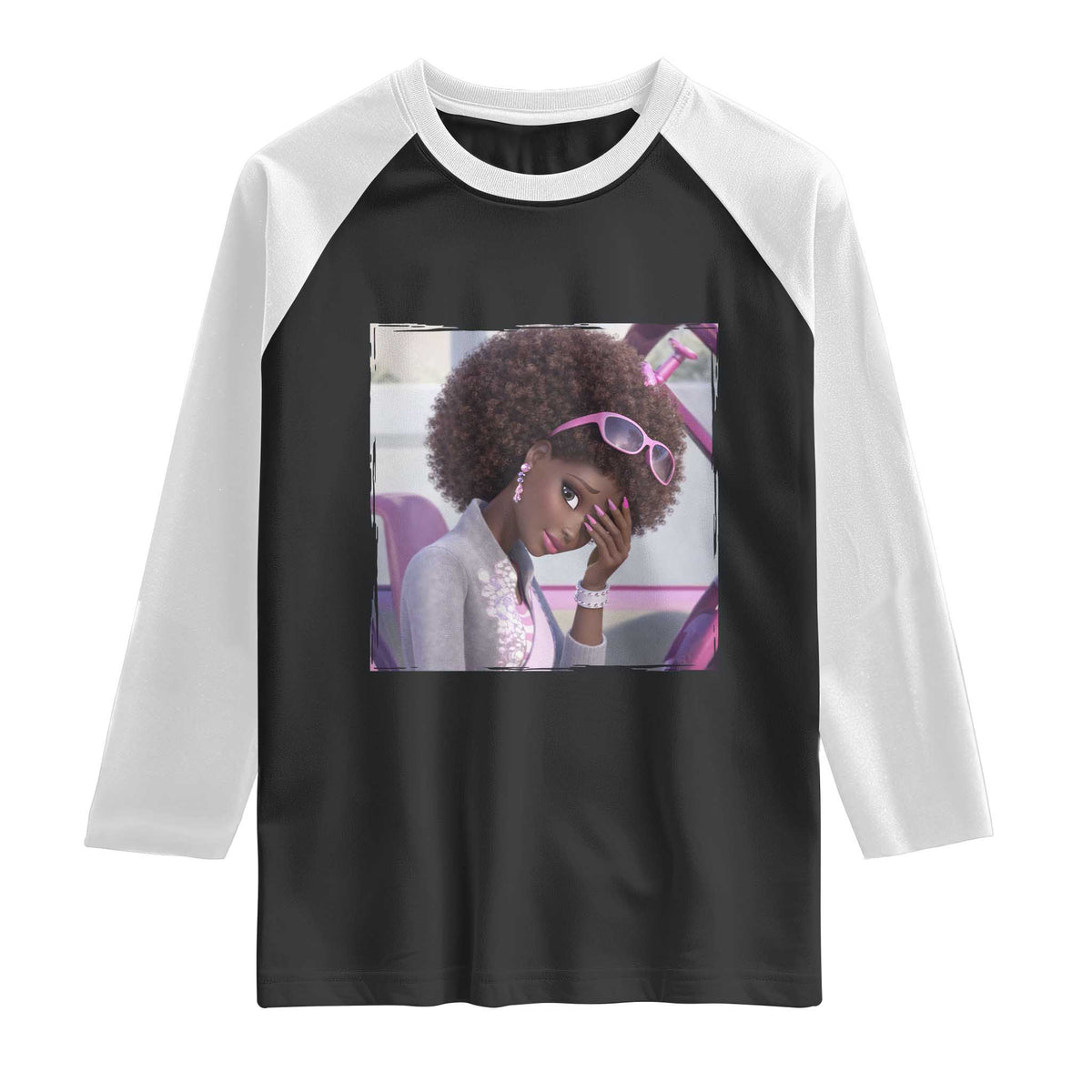 Disgusted Black Doll Meme Raglan Shirt Funny Sassy Reaction Afro Girl With Attitude TS10 Black White Print Your Wear