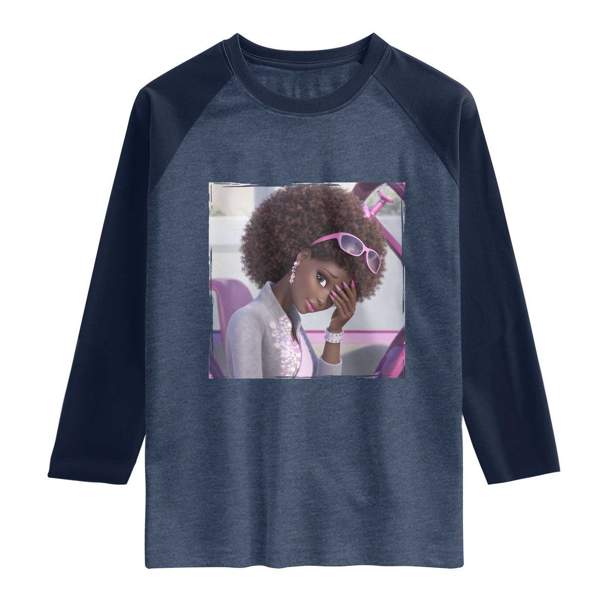 Disgusted Black Doll Meme Raglan Shirt Funny Sassy Reaction Afro Girl With Attitude TS10 Heather Denim Navy Print Your Wear