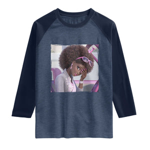 Disgusted Black Doll Meme Raglan Shirt Funny Sassy Reaction Afro Girl With Attitude TS10 Heather Denim Navy Print Your Wear