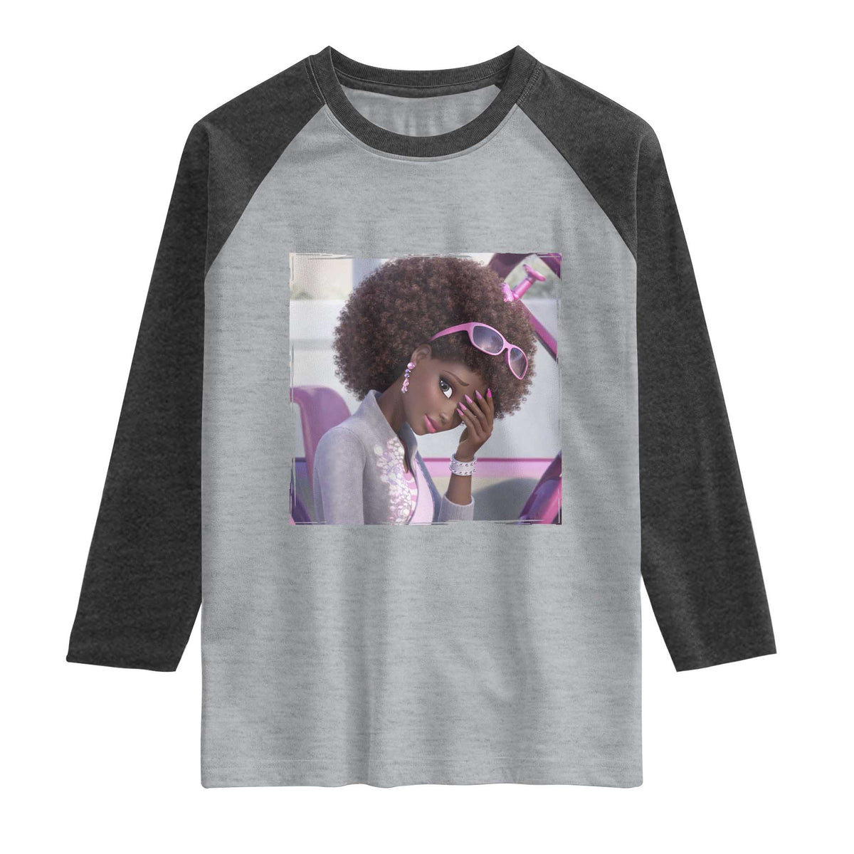 Disgusted Black Doll Meme Raglan Shirt Funny Sassy Reaction Afro Girl With Attitude TS10 Heather Gray Heather Charcoal Print Your Wear