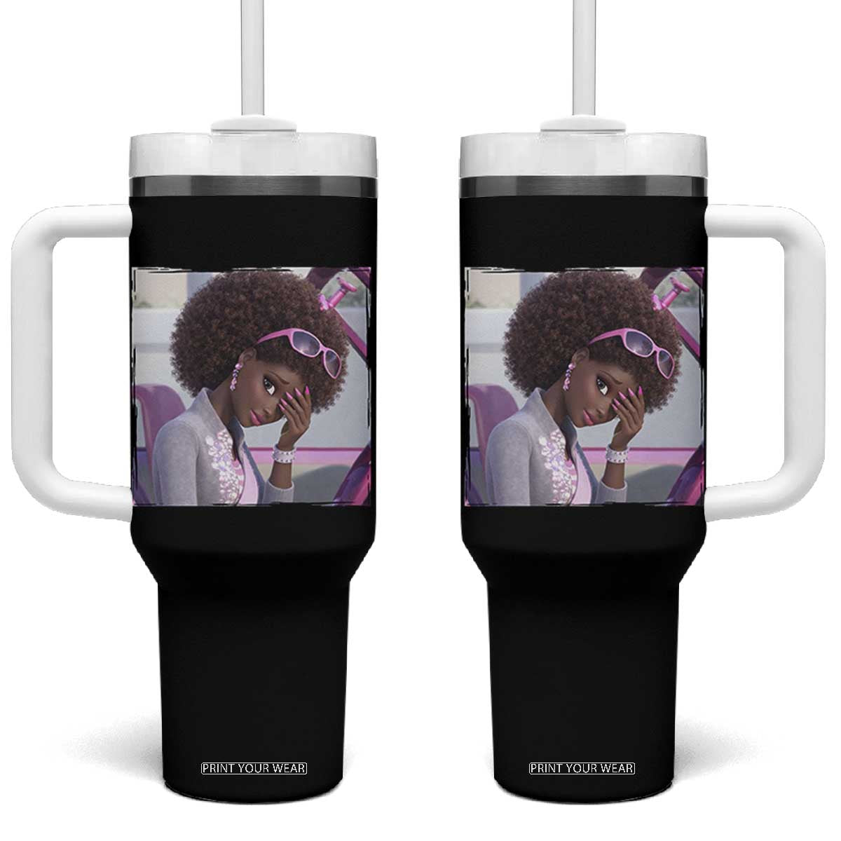 Disgusted Black Doll Meme Tumbler With Handle Funny Sassy Reaction Afro Girl With Attitude TS10 One Size: 40 oz Black Print Your Wear