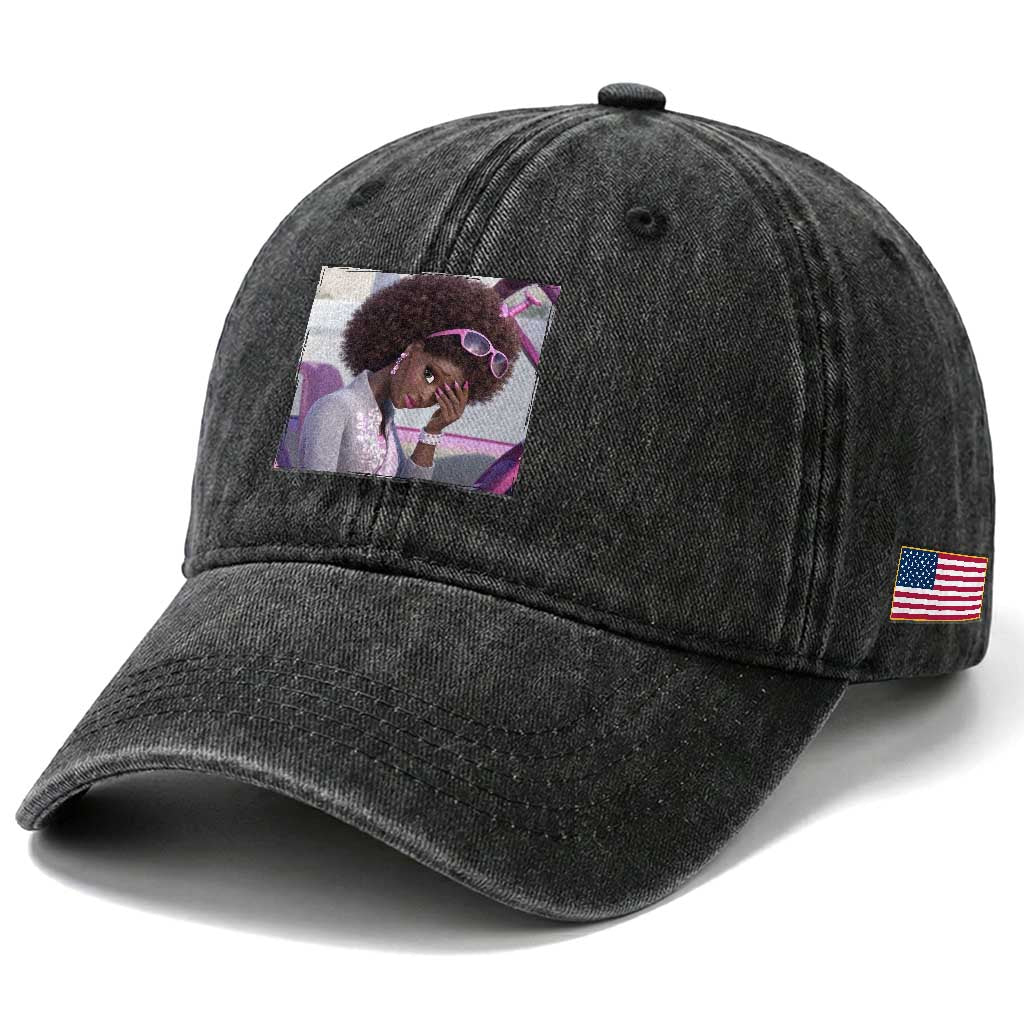 Disgusted Black Doll Meme Washed Cotton Baseball Cap Funny Sassy Reaction Afro Girl With Attitude TS10 Print Your Wear
